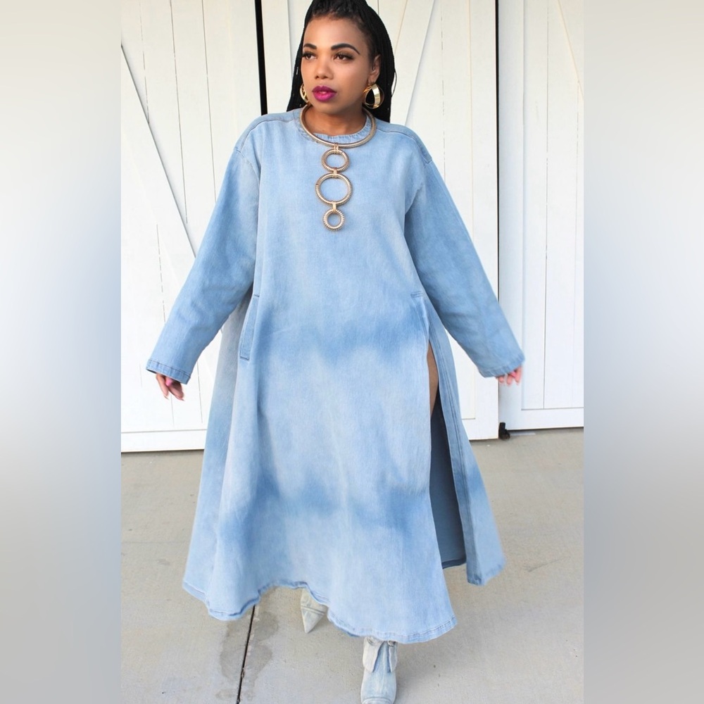 Ebb & Flow Long Sleeve Dress in Denim Blue with Slit